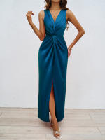 Vestido ajustado con abertura y cuello en V, elegante, sin mangas, retorcido, para mujer, verano 2025 - details 6