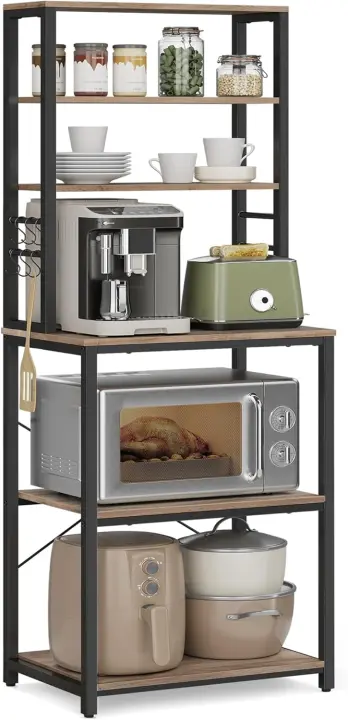 EstanterÍa de Cocina, EstanterÍa de PanaderÍa, 6 Estantes y 6 Ganchos, para Microondas, Marco de Acero, Industrial, 40 x 80 x 167 cm, MarrÓn RÚstico y Negro - 1
