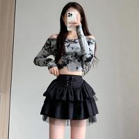 Falda de pastel de malla multicapa de verano para mujer, falda JK de encaje de malla de cintura alta con cordones, falda de pastel esponjosa negra - details 6