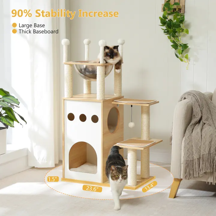 Árbol de madera para gatos, rascador para uso en interiores con poste rascador, accesorios para gatos y condominio - 1