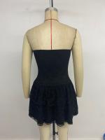 Vestido informal con gradas para mujer, falda de tubo con bordado de encaje halter sin mangas en negro - details 8
