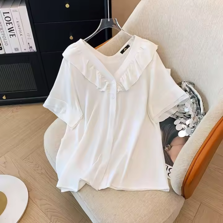 NOVEDAD DE VERANO 2024, camisa de gasa de talla grande con cuello de muñeca de color sólido, top sencillo para ir al trabajo, ropa holgada y cómoda para el hogar - 1