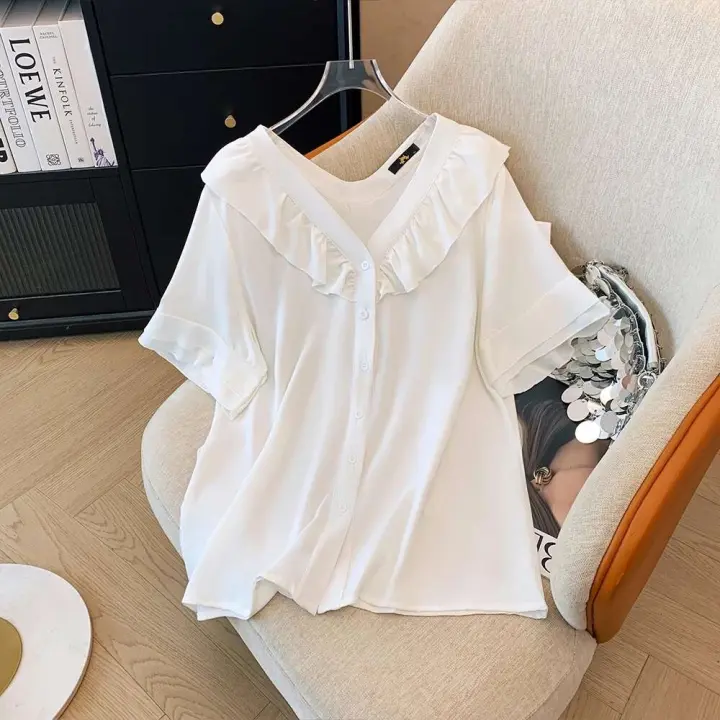 NOVEDAD DE VERANO 2024, camisa de gasa de talla grande con cuello de muñeca de color sólido, top sencillo para ir al trabajo, ropa holgada y cómoda para el hogar - 1