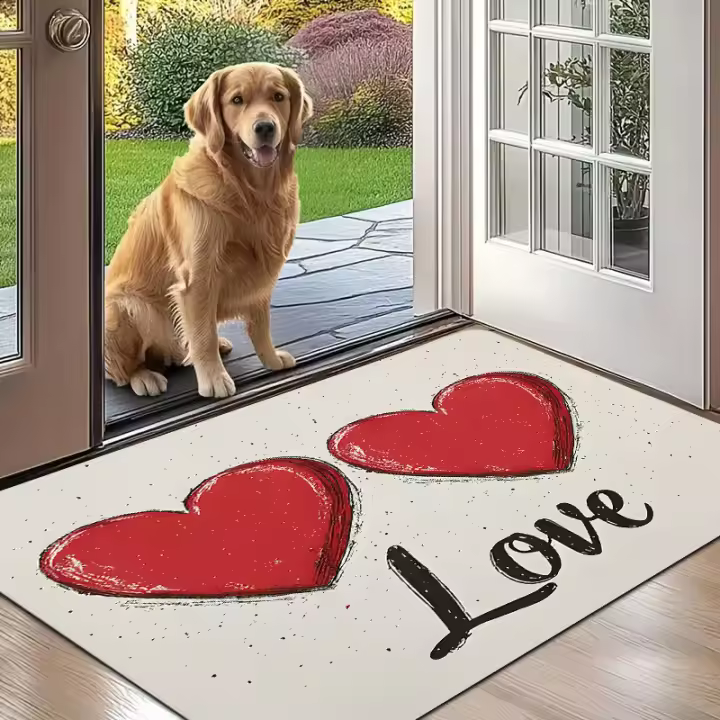 1 Felpudo con patrón de corazón "LOVE" del Día de San Valentín, tapete antideslizante para entrada interior/exterior, cocina o decoración del hogar, franela - 1