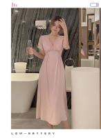 Ropa de dormir Sexy de encaje de seda helada para mujer, camisón de boda rojo de manga corta con cuello en V y almohadilla para el pecho, chino anual de verano - details 17