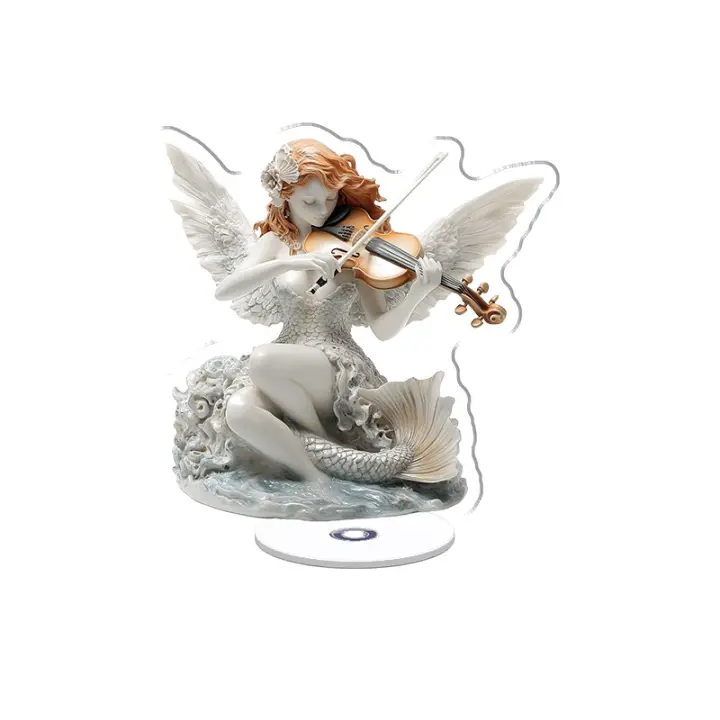 La pantalla acrílica giratoria presenta un ángel ninfa del agua con alas de escamas de pez tocando un violín de concha marina rodeado de luz de luna líquida sobre una lona blanca pura. - 1