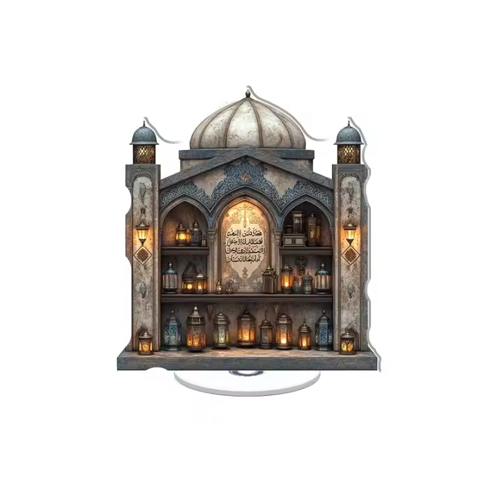 Escultura acrílica giratoria de una boutique de farolillos árabes tradicionales con farolillos esmaltados y detalles caligráficos sobre un fondo brillante y sin sombras. - 1