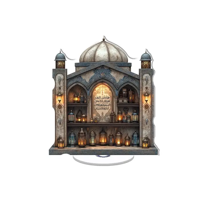 Escultura acrílica giratoria de una boutique de farolillos árabes tradicionales con farolillos esmaltados y detalles caligráficos sobre un fondo brillante y sin sombras. - 1