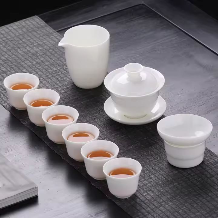 Sheep fat jade white porcelain Kung Fu set, home office pot lid bowl, tea cup, ceramic high-end light luxury gift set - 1
