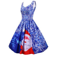 Women vintage spaghetti strap floral print high waist elegant sleeveless a-line party midi dress - details 70