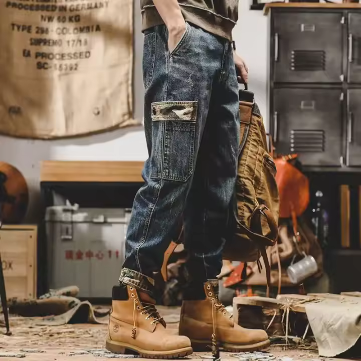 Pantalones Vaqueros Vintage de Otoño para Hombres Estilo Americano Pesado Casual Talla Grande y Pierna Ancha Material de Algodón Cuidado de Lavado por Máquina - 1