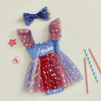 Pudcoco-Conjunto de 4 de julio para niña, pelele con estampado de estrellas y letras, vestido de malla con mangas voladoras y diadema con lazo, conjunto de 2 uds. - details 1