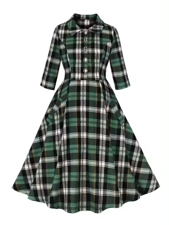 2025 nuevo Hepburn Retro Turn-Down Collar Plaid Rockabilly vestidos de Navidad mujeres invierno 3/4 longitud manga bolsillos vestido elegante - 1