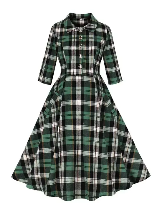 2025 nuevo Hepburn Retro Turn-Down Collar Plaid Rockabilly vestidos de Navidad mujeres invierno 3/4 longitud manga bolsillos vestido elegante - 1