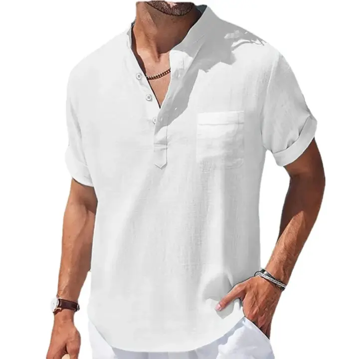 Nuevos hombres Casual cuello de pie verano Color sólido manga corta camisa de lino de moda transpirable suelta juventud básica bolsillo superior - 1