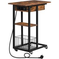 Mesa Auxiliar con Estación de Carga, Mesa de Centro Abatible en Forma de C con Ruedas y Estante de Almacenamiento, Puertos USB Tomas Corriente, para Salón Dormitorio, Greige y Negro EBG022SF01 - details 9
