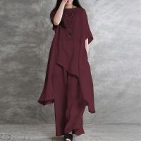 Conjunto deportivo informal de 2 piezas de lino y algodón para mujer, Top largo de manga corta con cuello redondo, estilo coreano de talla grande - details 5