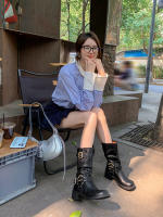 Botas de vaquero occidentales de cuero suave europeo y americano, botas de pila con hebilla de cinturón, botas medias, botas de caballero femenino, botas martin, botas femeninas - details 23