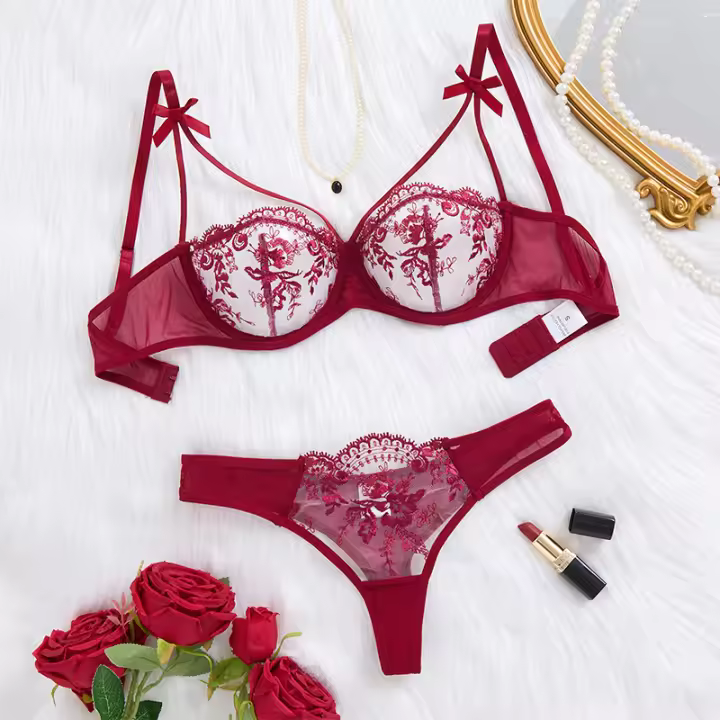 Elegante traje de encaje bordado floral ligero - 1