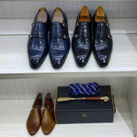 Zapatos italianos de cuero hechos a mano para hombre, zapatos de cuero con patrón de cocodrilo de doble hebilla para negocios - details 0