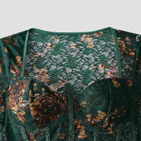 Vintage temperamento floral encaje aros ver a través de manga larga slim hottie interior mono verde - details 4