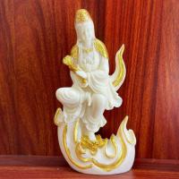 Mesa de té para el hogar chapada en oro Guanyin sin llamas tallada en fruta de marfil, adornos artesanales para sala de estar - details 2