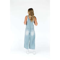 Moda desgastada suelta de pierna ancha cómoda correa casual Denim Overalls para mujer - details 18