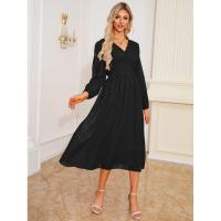 Vestido de manga larga con cuello en V para mujer, vestido elegante de corte A, color sólido, estético, nuevo en oferta - details 8