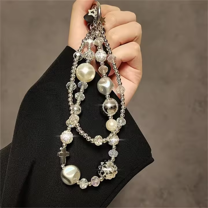 Llavero de lujo retro con pedrería, perlas y cuentas, pulsera, cordón para teléfono, amuleto para teléfono móvil, correa de muñeca para cámara, colgante antipérdida - 1