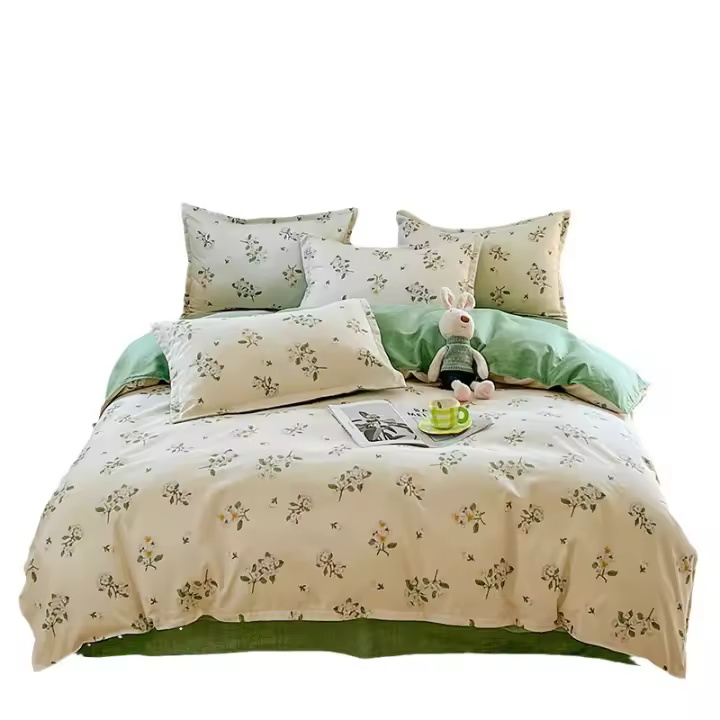Juego de cuatro piezas de algodón cepillado, sábanas de algodón lavadas gruesas, funda de edredón, cama pequeña y fresca - 1