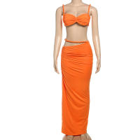 BUNO-Conjunto de 2 piezas de tejido para mujer, camisolas cortas plisadas lisas impresionantes + faldas largas de cintura alta, traje de vacaciones de tendencia femenina - details 73