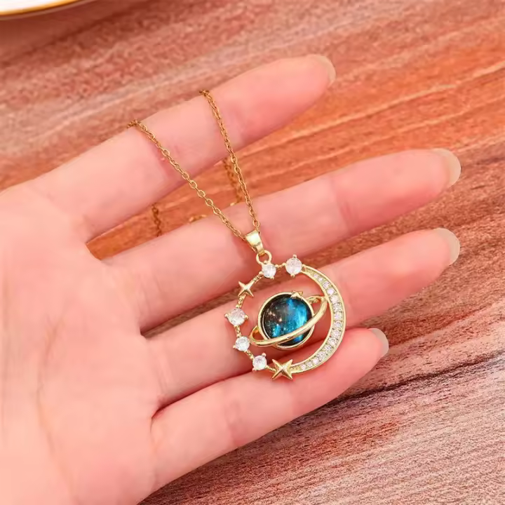 Collar de Circonio con Colgante de Luna y Planeta Joyería de Lujo para Mujer, Acero de Titanio, Mariposa, Gota de Agua, Cadena de Clavícula - 1