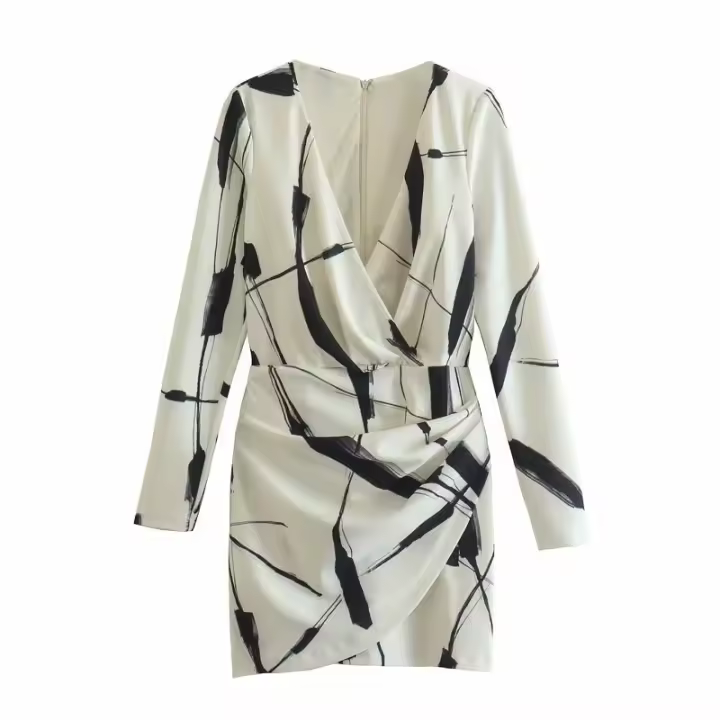 Vestido Corto Casual para Mujer TRAFZA Mini Vestido con Cuello en V, Estampado de Graffiti, Diseño Plejado, Vintage, Elegante, con Cremallera Trasera - 1