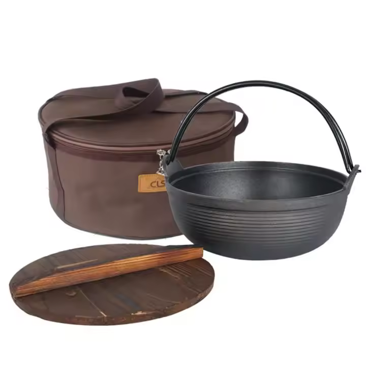 Estufa colgante multifuncional de hierro fundido con tapa de madera para acampar al aire libre, bolsas de almacenamiento para ol - 1