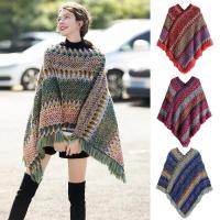 Poncho mongol cálido de Invierno para mujer, capa de punto de poliéster de estilo étnico suave, Jersey a rayas, chal con borla, moda - details 0