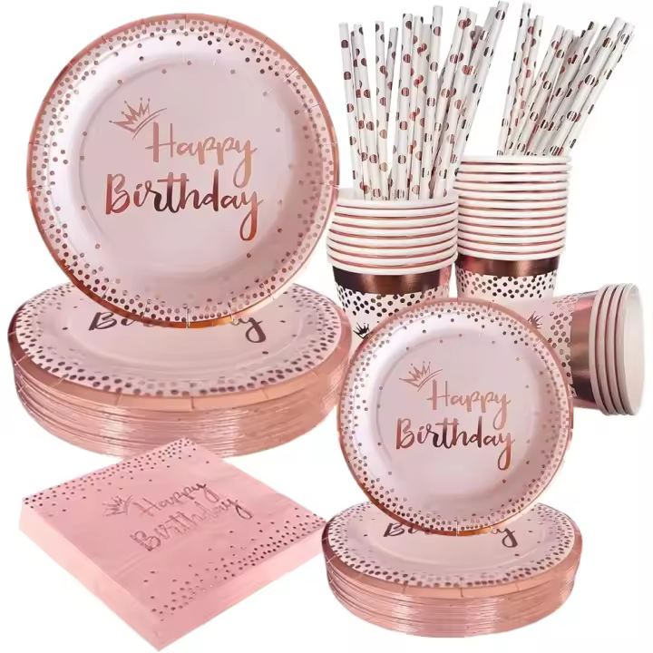 Vajilla de papel rosa para fiesta, juego desechable, plato de cena de oro rosa, servilletas, tazas, platos de postre y pajitas, suministros para fiestas, vajilla - 1