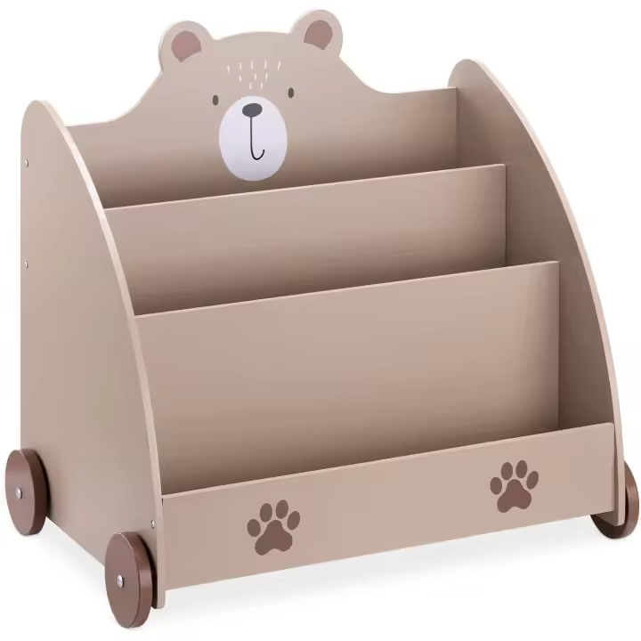 Librería Infantil de Madera - Biblioteca Montessori para niños con 3 Compartimentos para Libros y Juguetes - Estantería con Ruedas - Diseño de Oso - 1