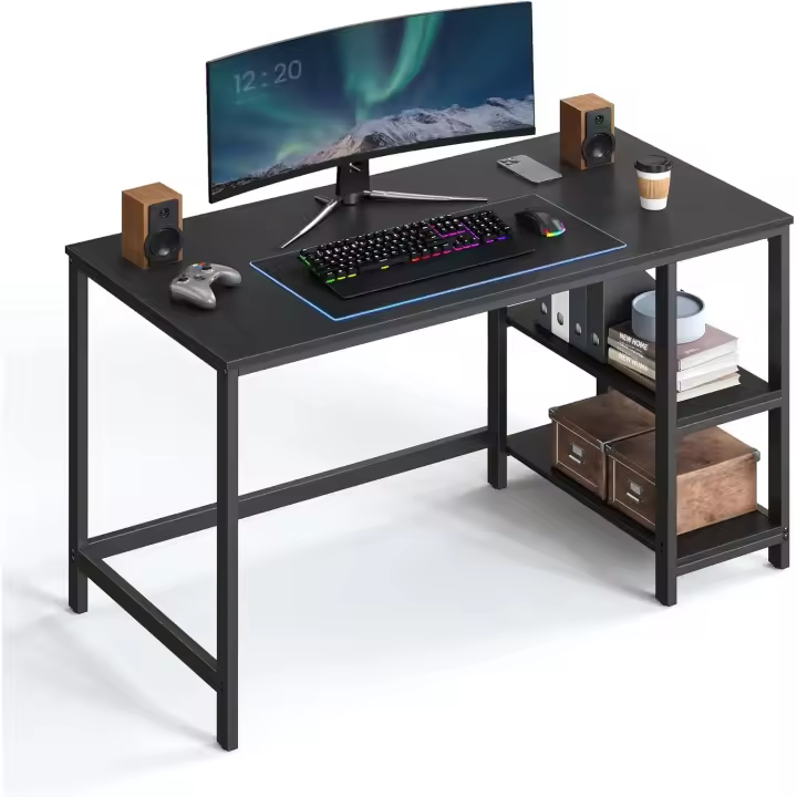 Escritorio con 2 Estantes a la Izquierda o a la Derecha, Mesa de Trabajo, para Salón Oficina, Estructura de Acero, Industrial, Negro Ébano LWD047B16 - 1