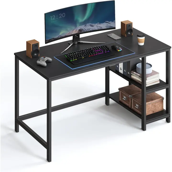Escritorio con 2 Estantes a la Izquierda o a la Derecha, Mesa de Trabajo, para Salón Oficina, Estructura de Acero, Industrial, Negro Ébano LWD047B16 - 1