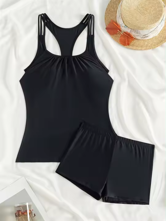 Baño de dos piezas para mujer, conjunto de bikini liso, Boxer, pantalones cortos, traje de playa, verano - 1