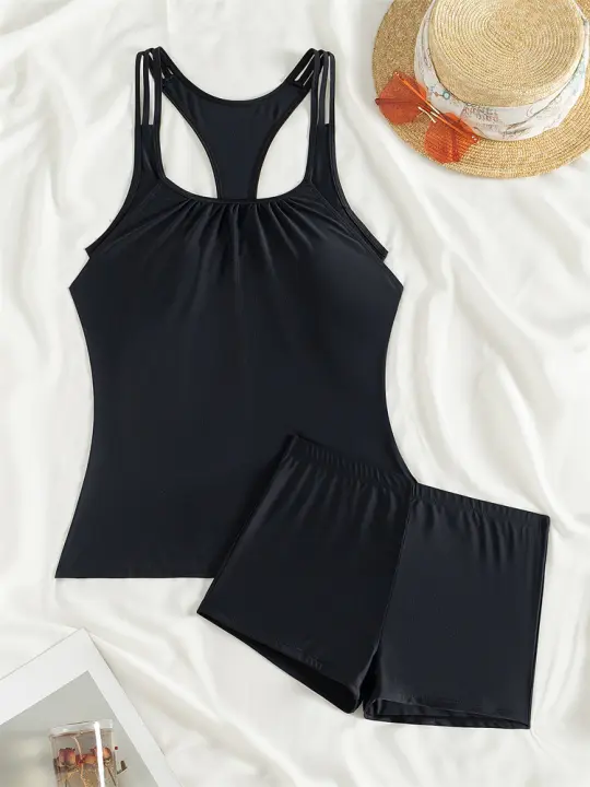 Baño de dos piezas para mujer, conjunto de bikini liso, Boxer, pantalones cortos, traje de playa, verano - 1