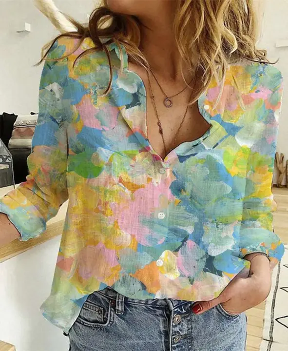 Camisas 2024 moda Primavera nueva estampado Floral blusas de manga larga con una hilera de botones Casual suelta Vintage Tops para mujeres - 1