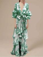 Vestidos de fiesta con volantes estampados para mujer, Vestido largo con manga acampanada y escote en V profundo, Vestido bohemio Irregular con cintura atada a la moda - details 2