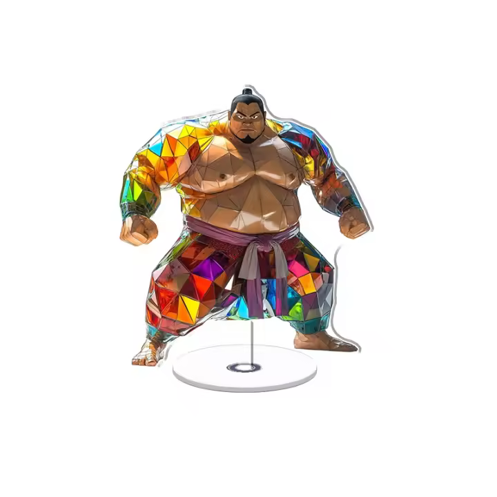 La decoración acrílica giratoria presenta fragmentos de vidrio vibrantes y un colorido luchador de sumo con un efecto brillante sobre un fondo blanco impecable. - 1