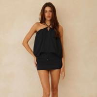 Conjunto de dos piezas de moda femenina estilo Ins para verano: top halter con lazo y falda plisada ajustada. - details 10