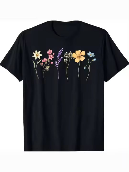 Camiseta de Flor Boho Vintage Cuello Redondo Manga Corta Suave y Cómoda - 1