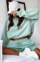 Wind Conjunto de pantalones cortos y sudadera con cuello redondo informal holgado de Color puro para mujer - details 9