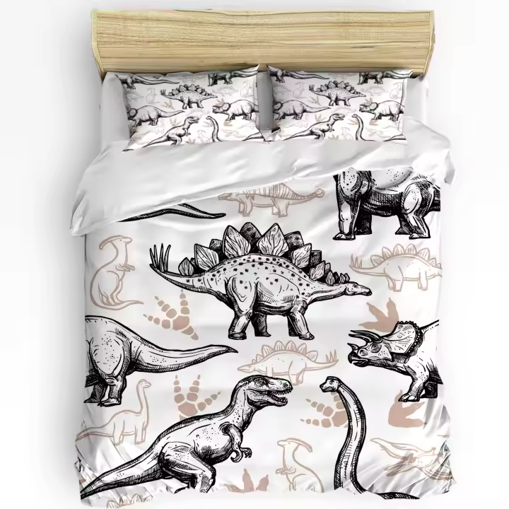 Sábana con Funda de Dinosaurio Rústico Bordada a Mano Juego de 3 Piezas de Ropa de Cama Doble con Funda de Edredón y Funda de Almohada para Hogar - 1