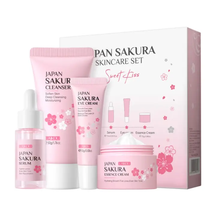Sakura Set de Cuidado de la Piel,Kit Hidratante Facial Mujer,4 Piezas Set de Limpiador Facial e Hidratante,con Limpiador,Suero, Crema para Ojos,Crema Facial,para Adolescentes y Mujeres - 1