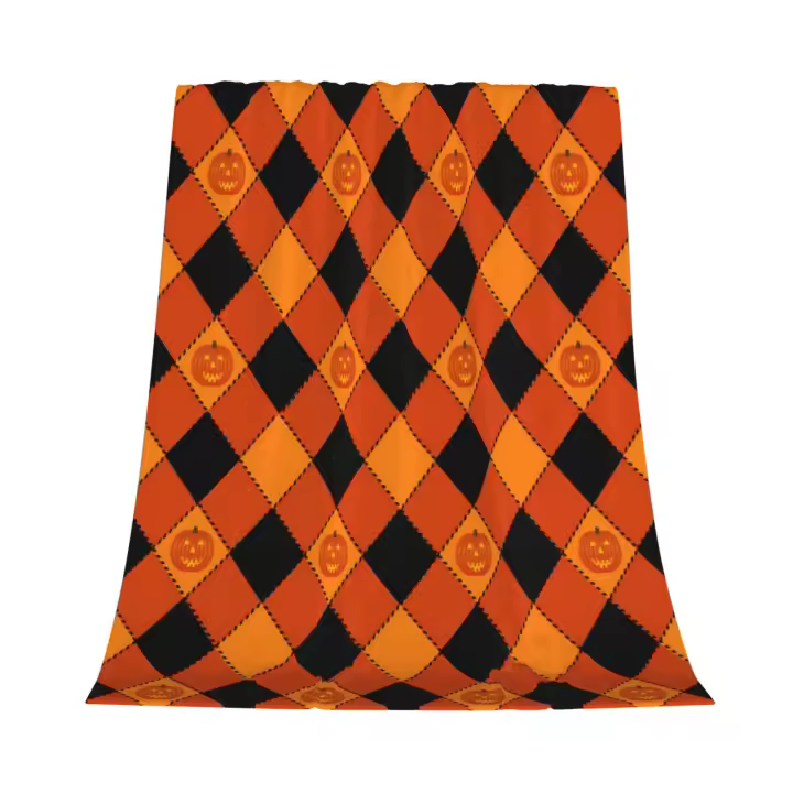 Manta de franela a cuadros naranja calabaza de Halloween, manta para decoración de dormitorio y ropa de cama - 1
